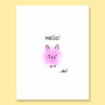 Watercolor fluffy bunny hello greeting card