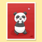 Excited panda sitting with heart on red background greeting card
