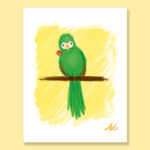 Green parrot with flower in beak greeting card