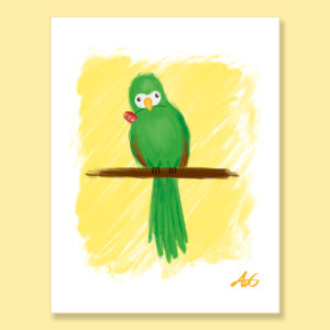 Green parrot with flower in beak greeting card
