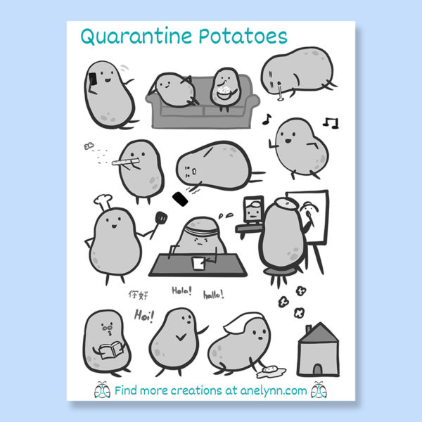 Quarantine Potatoes funny black white stickers set