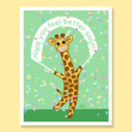 Sweet cute happy cheery giraffe smiling confetti banner get well feel better soon greeting card