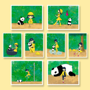 Ming and Bao sweet girl with toy panda childhood growing up greeting card set