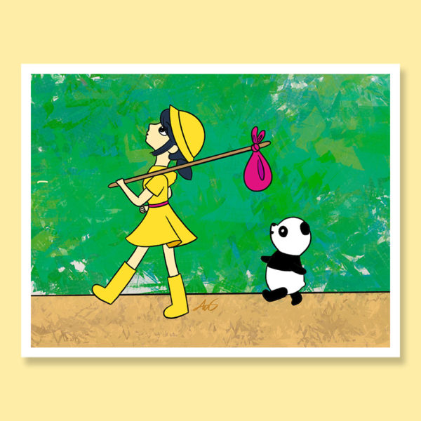 Ming and Bao adventure sack sweet girl with toy panda childhood growing up greeting card