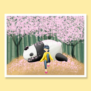 Ming and Bao series girl panda grown up cherry blossom tree greeting card