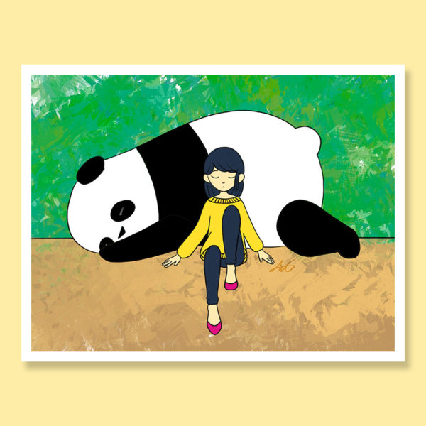 Ming and Bao grown up adult sweet girl with toy panda childhood growing up greeting card