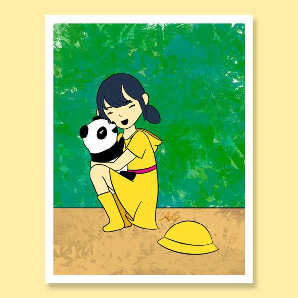 Ming and Bao hug hugging sweet girl with toy panda childhood growing up greeting card