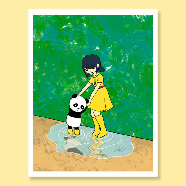 Ming and Bao jumping puddles sweet girl with toy panda childhood growing up greeting card