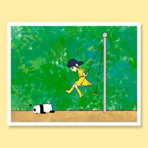 Ming and Bao swing fall sweet girl with toy panda childhood growing up greeting card