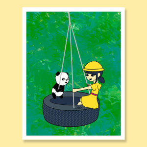 Ming and Bao tire swing sweet girl with toy panda childhood growing up greeting card
