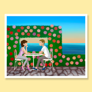 Sunset terrace oceanside rose wall date patio greeting card
