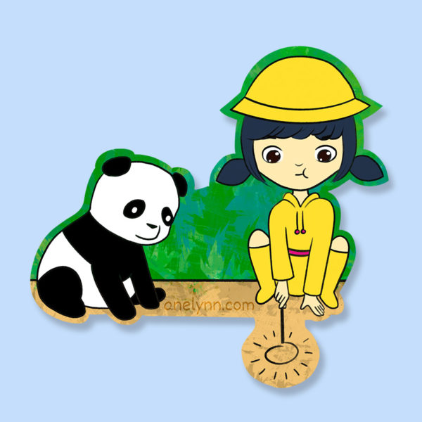 Ming and Bao doodle doodling drawing sweet girl with toy panda childhood growing up sticker magnet