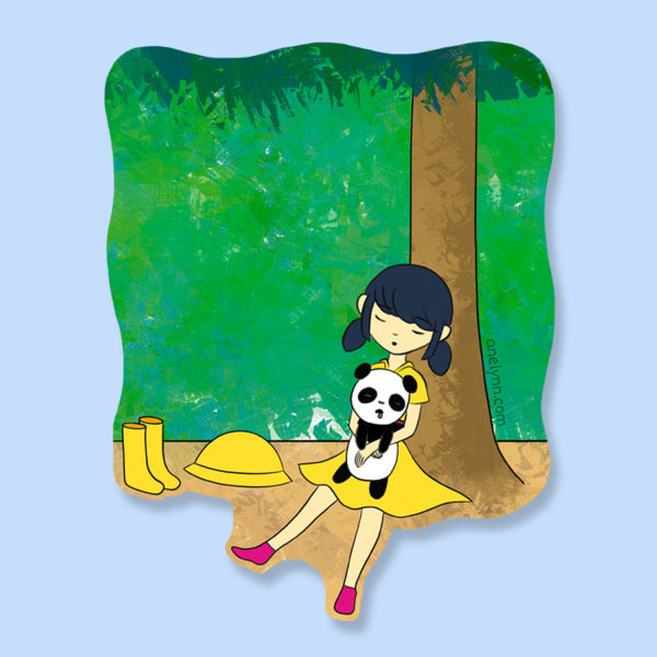 Ming and Bao afternoon nap sweet girl with toy panda childhood growing up sticker magnet
