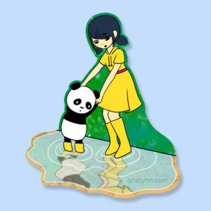 Ming and Bao jumping puddles sweet girl with toy panda childhood growing up sticker magnet