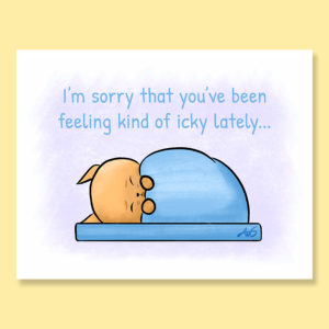 Cute sweet feeling icky cat under blanket on bed depressed sad feel better get well greeting card