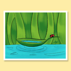 Sweet bright cute ladybug cruising on leaf in puddle creek spring greeting card