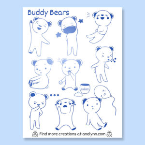 Buddy bears fka Rosie Bears blue foil outline nine stickers vinyl white stickers set