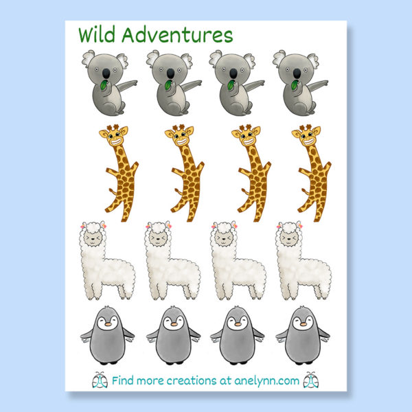 Wild adventures cute happy animal koala giraffe alpaca penguin stickers vinyl white stickers set
