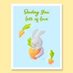 Cute huggy gray bunny rabbit hugging a heart shaped carrot with foil text sending you lots of love greeting card