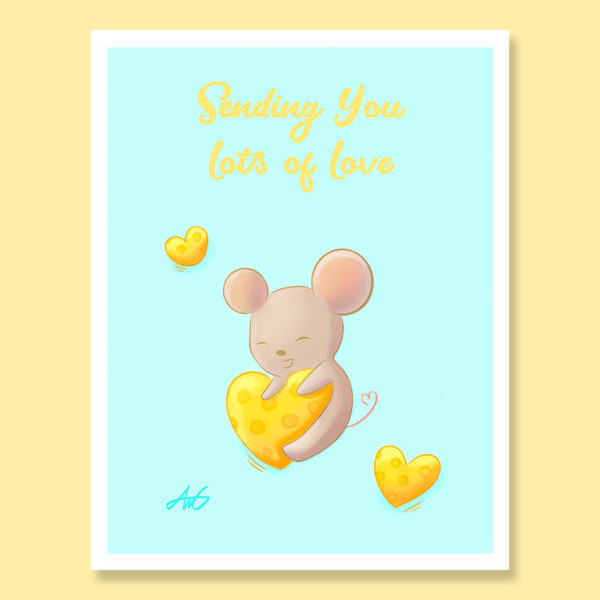 Cute huggy brown mouse hugging a heart shaped cheese with foil text sending you lots of love greeting card