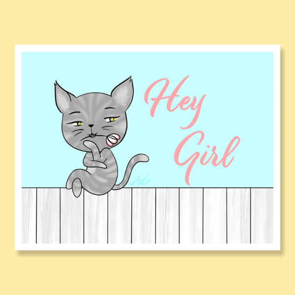 Cute sassy gray kitty cat with carnation in its mouth on fence love anniversary greeting card