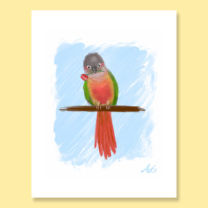 Gray green red yellow parrot with flower in beak greeting card