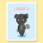 Cute shy dog gray black white dog puppy with bouquet of hearts flowers saying I Woof U love anniversary greeting card