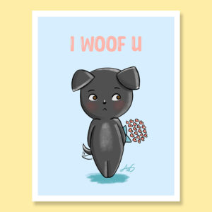 Cute shy dog gray black white dog puppy with bouquet of hearts flowers saying I Woof U love anniversary greeting card