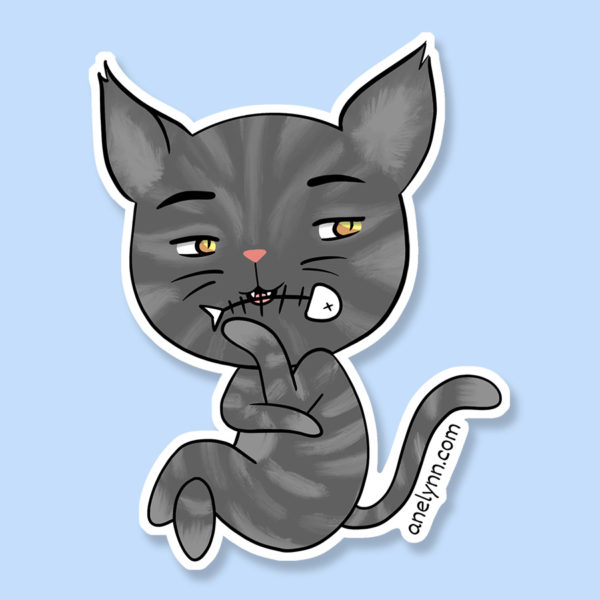 Cute sassy dark gray black kitty cat with stripes and fish bone fishbone in its mouth love anniversary sticker magnet