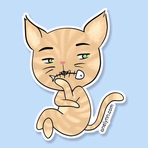 Cute sassy orange tabby kitty cat with stripes and fish bone fishbone in its mouth love anniversary sticker magnet
