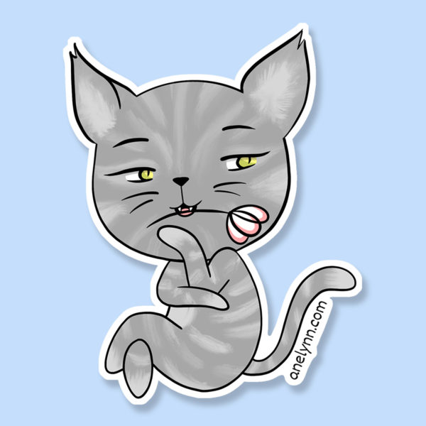 Cute sassy light gray kitty cat with stripes and pink carnation in its mouth love anniversary sticker magnet