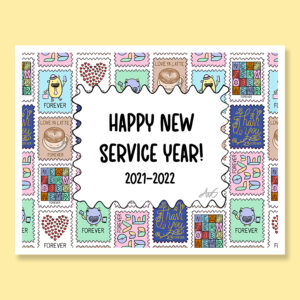 Happy new service year 2021 with cute stamps for letter writing as greeting card