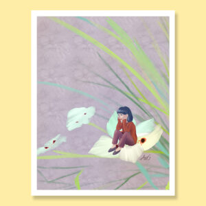 Pondering lily tiny girl sitting on brushed flower lily greeting card