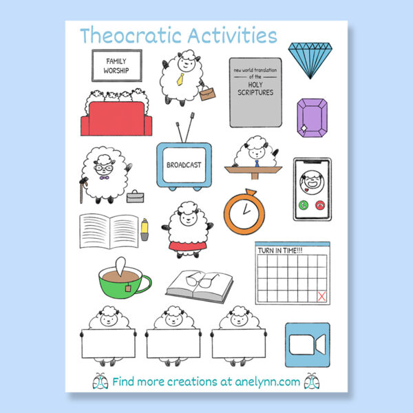 Sheep JW planner stickers for theocratic activities such as meetings, broadcast, talks, personal study, gems, turn in field service time, zoom