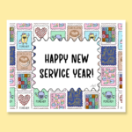 Happy new service year for September with stamps background and no year