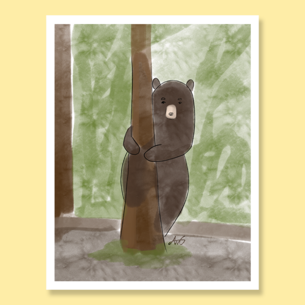Watercolor bear hugging tree in forest
