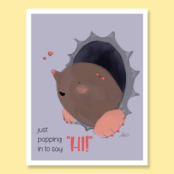 Mole with bow and hearts popping through paper 2.0 version